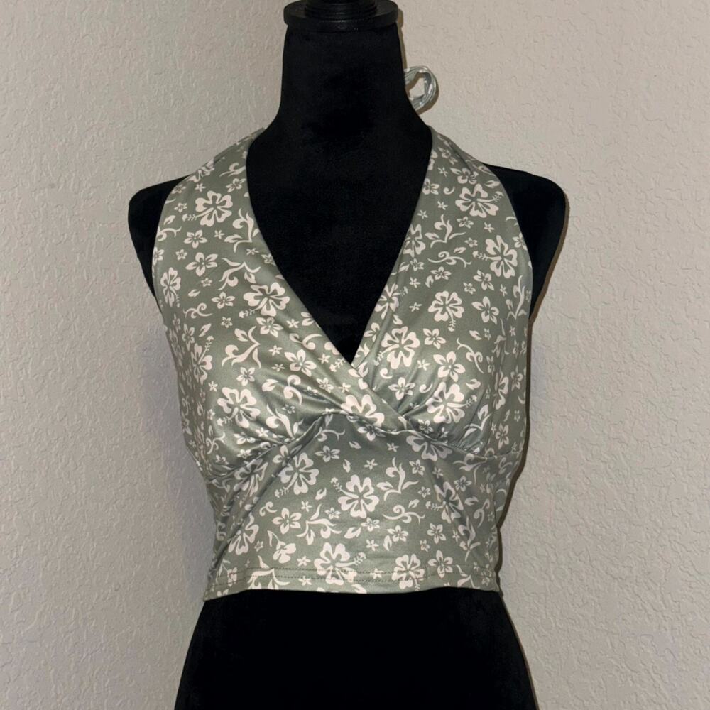 Shein Halter Top Women Medium Green Ditsy Floral Cropped Tank Preppy Coquette